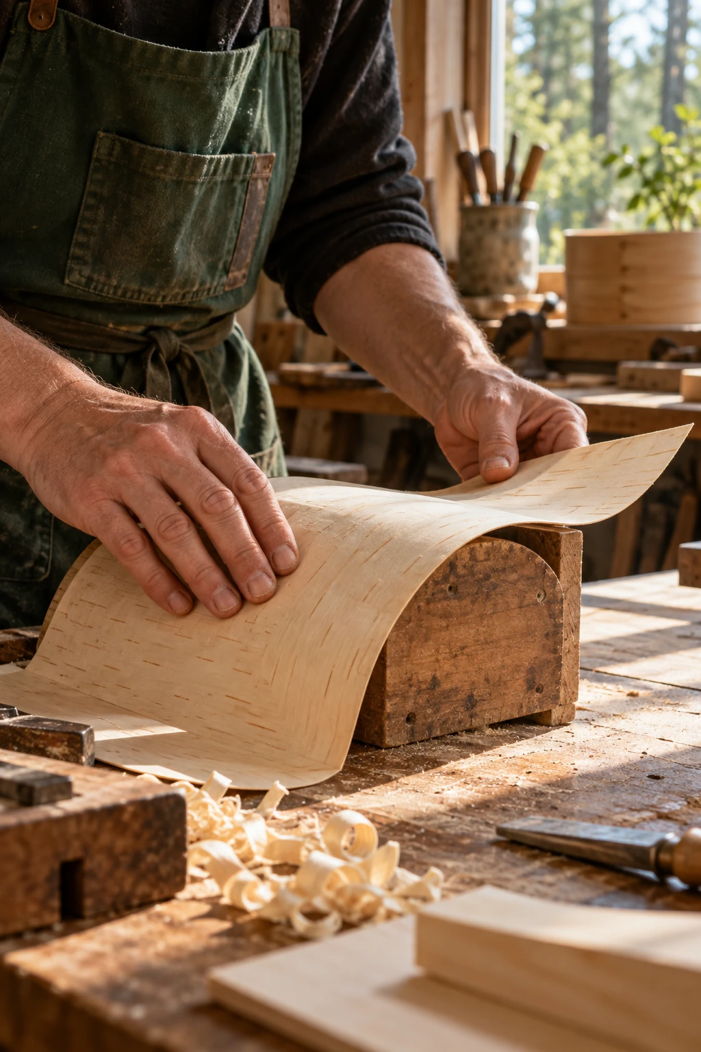 Hands bending thin birch veneer over a form