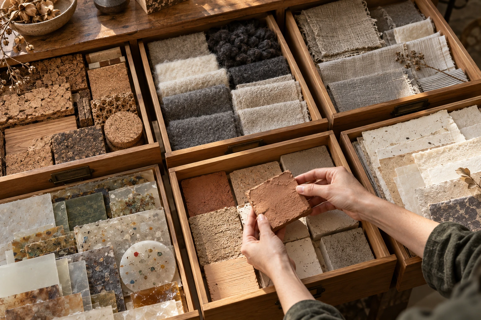 A hand selects samples from open wooden specimen drawers