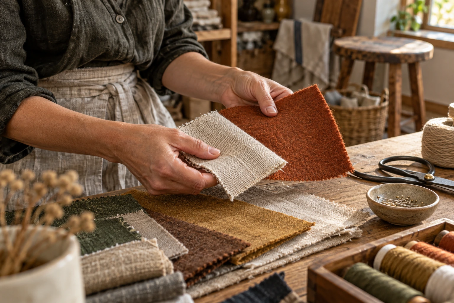 Textile designer comparing linen and rust-coloured felt