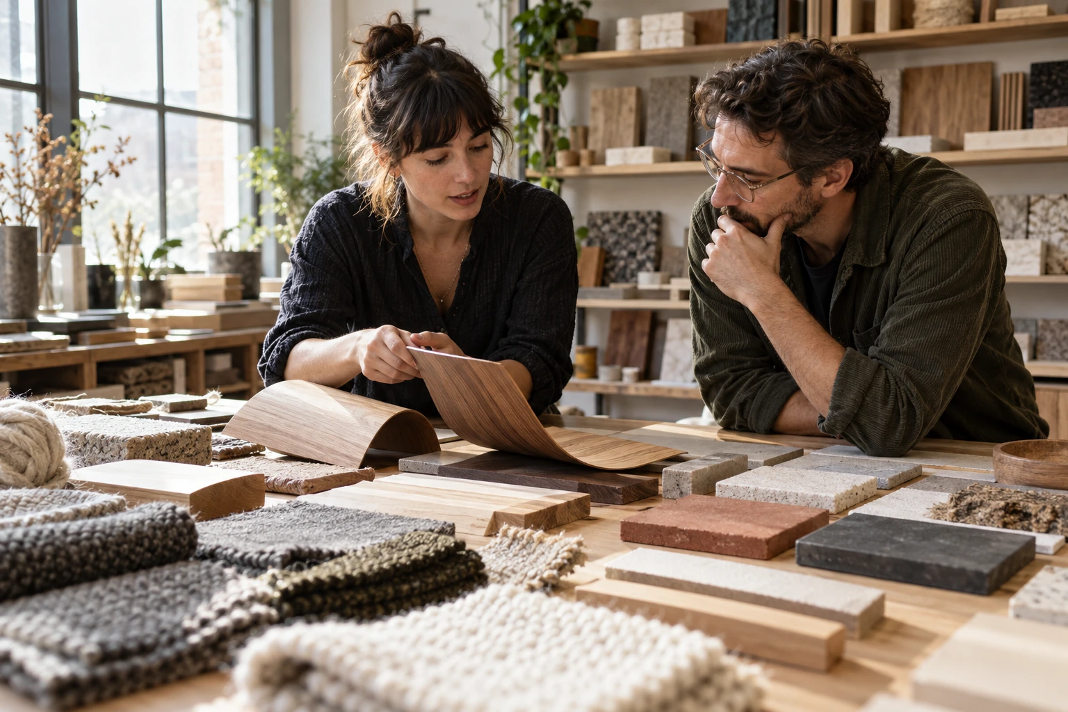 Two material researchers discussing prototypes and samples