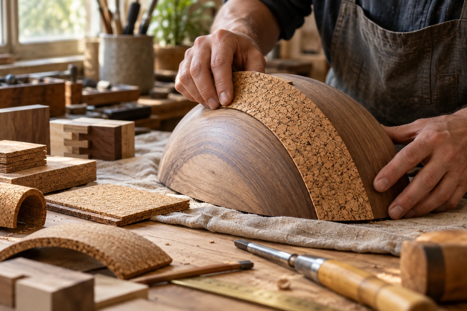 A hand gently pressing cork against a rounded wooden form