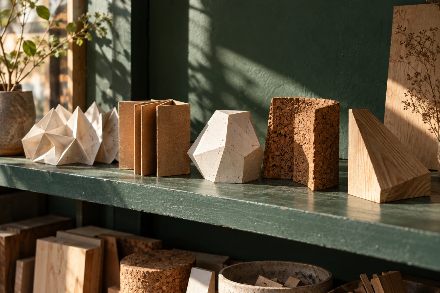 Small folded paper, cork and wood prototypes on a green shelf