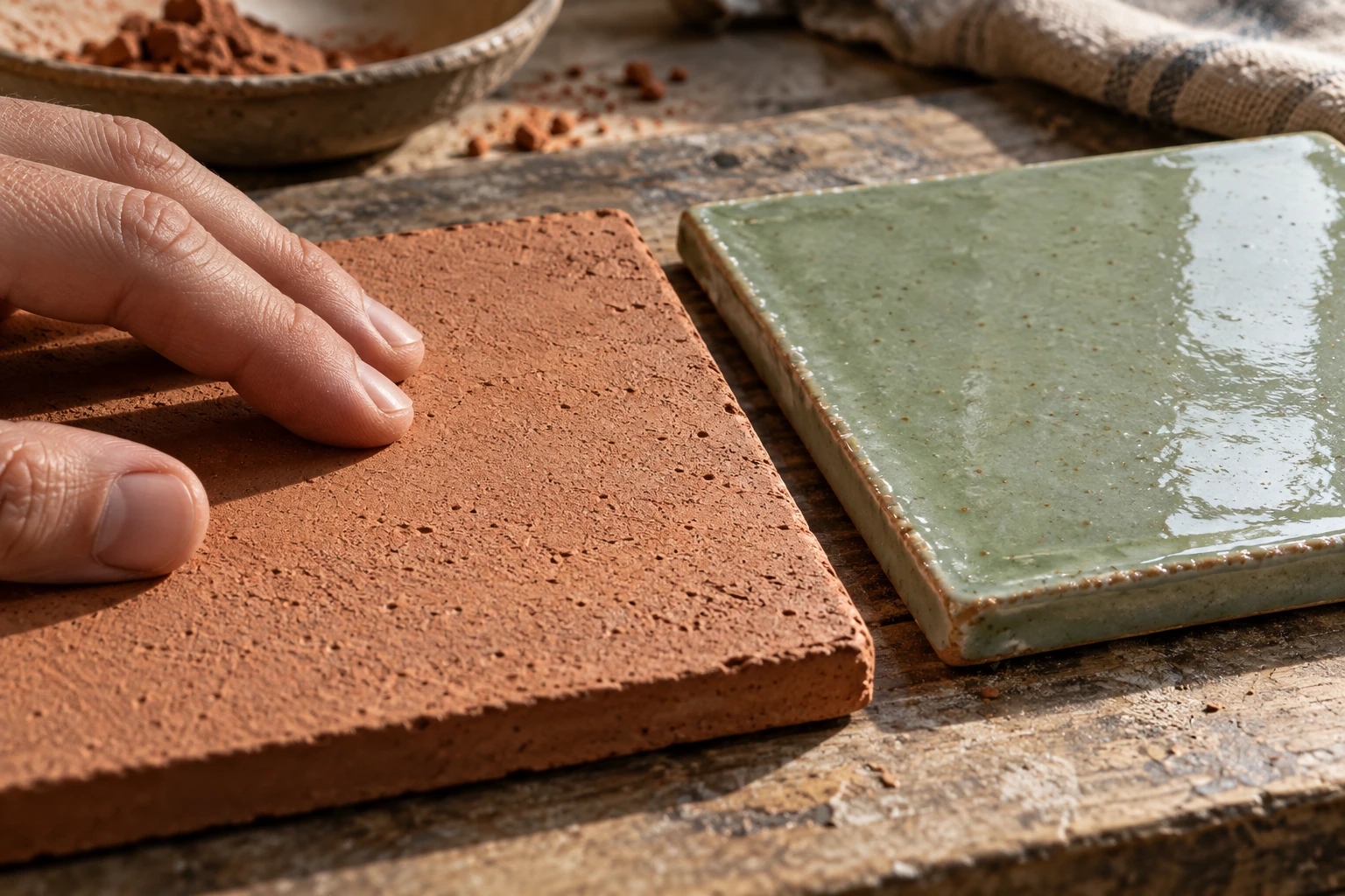 Fingertips feeling rough terracotta beside a glazed green tile